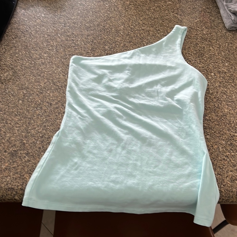 Ladies one shoulder tank top with bra shelf in aqua